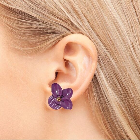 Dark Purple Flower Earring Studs Three-Petals Style Hypoallergenic - Picture 4 of 4